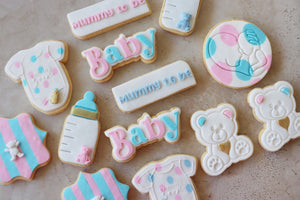 Baby shower and gender reveal cookies, blue and pink cookies 